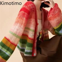 Kimotimo Rainbow Striped Thin Sweater Coat Women 2024 Autumn V Neck Vintage Chic Knitted Cardigan Fashion Casual Long Sleeve Top