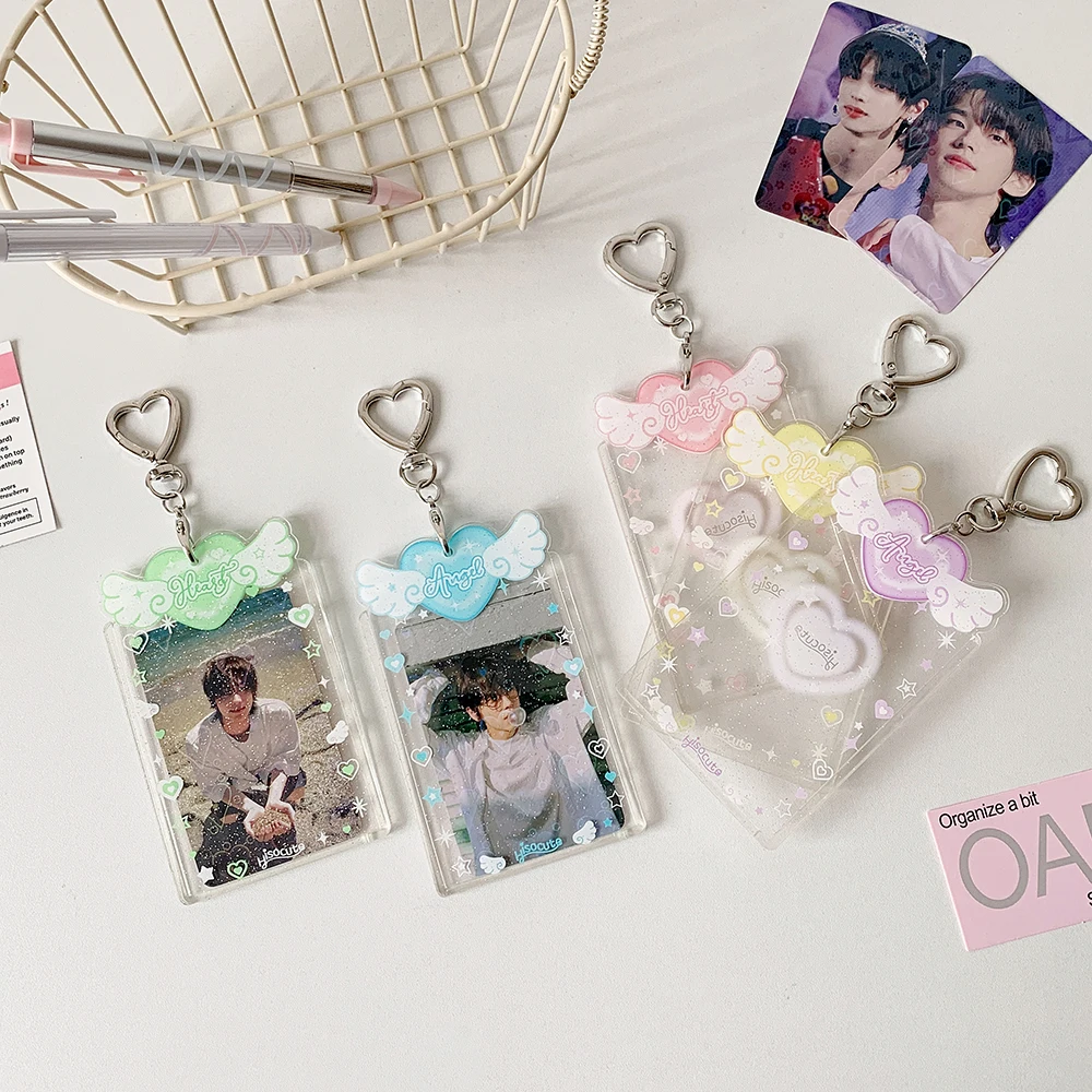 Photocard Holder with Cute Angel Keychain Transparent Kpop PhotoCard Holder Keychain Y2K Charm Holders