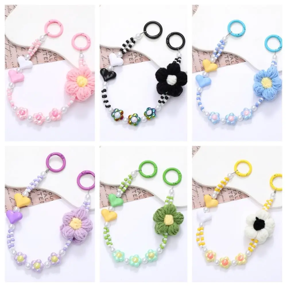 Phone Holder Crochet Flower Phone Chain Anti-Lost Keychain Colorful Beaded Lanyard Wrist Strap Acrylic Heart Case Chain