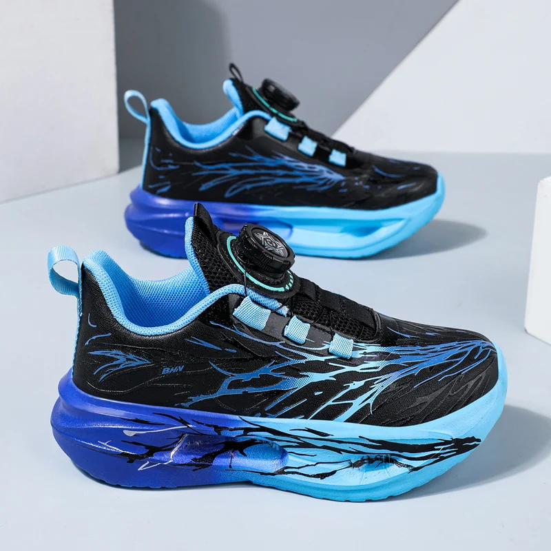 Kids Running Shoes Boys Sneakers Rotary Buckle Non-Slip Cushioned Sole Breathable Fashion Flame Gradient Casual Outdoor Shoes
