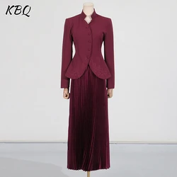 KBQ Solid Elegant Two Piece Set For Women Stand Collar Long Sleeve Spliced Buttons Coats High Waist A Line Skirt Set Female New