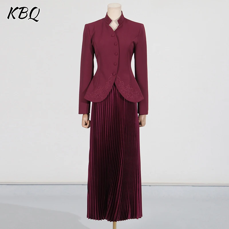 KBQ Solid Elegant Two Piece Set For Women Stand Collar Long Sleeve Spliced Buttons Coats High Waist A Line Skirt Set Female New