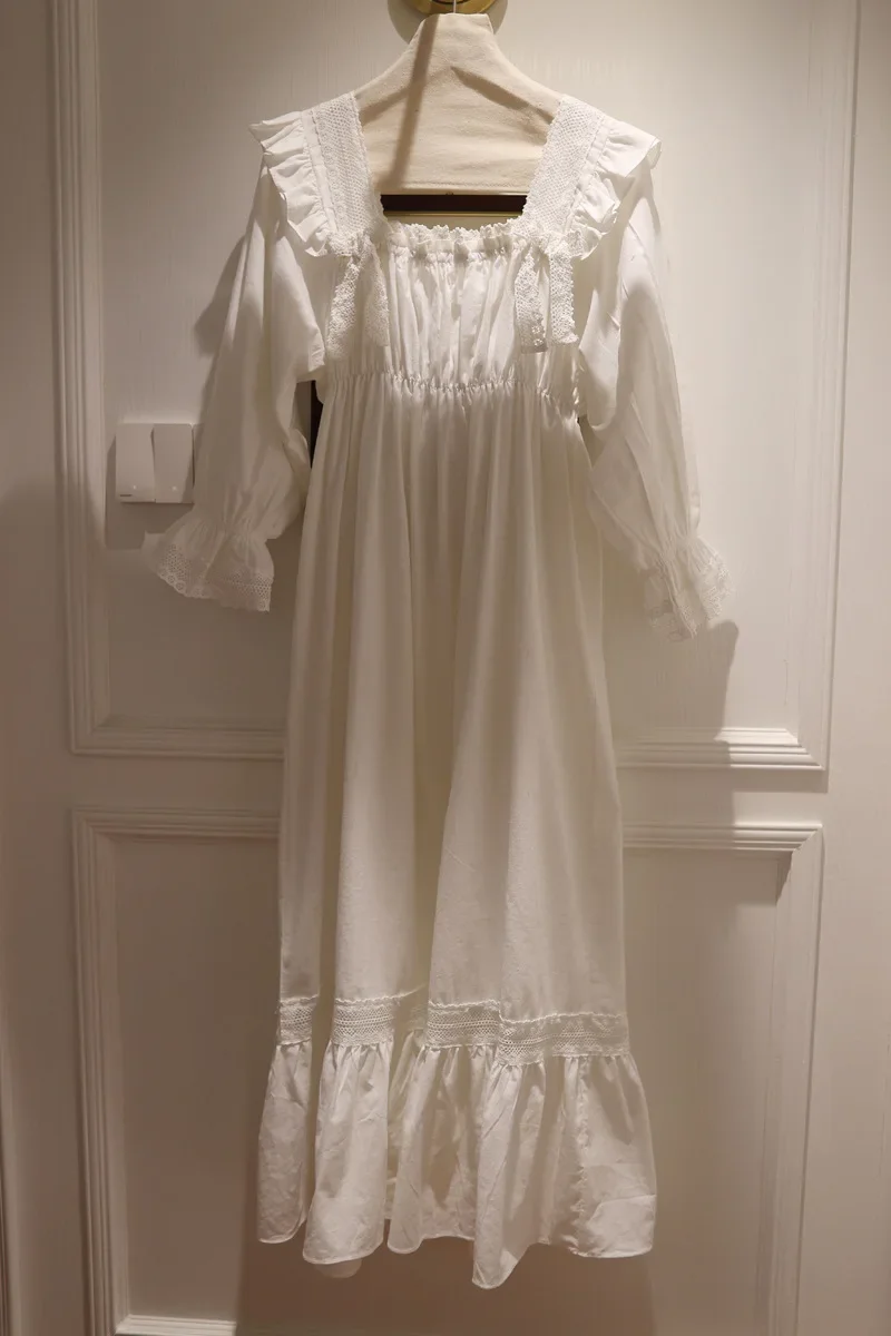 Nightgown for Women French Sleep Dress Cute Long Summer Ladies Nightdress Solid Hollow Out Ruffles Princess Vintage Nightwear
