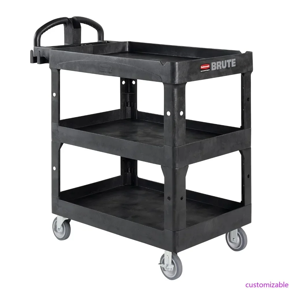 

Тележка хозяйственная Rubbermaid Brute, 3-ярусная, усиленная, с высоким уровнем хранения, полками с бортиками и эргономичной ручкой, средний размер, грузоподъемность 600 фунтов