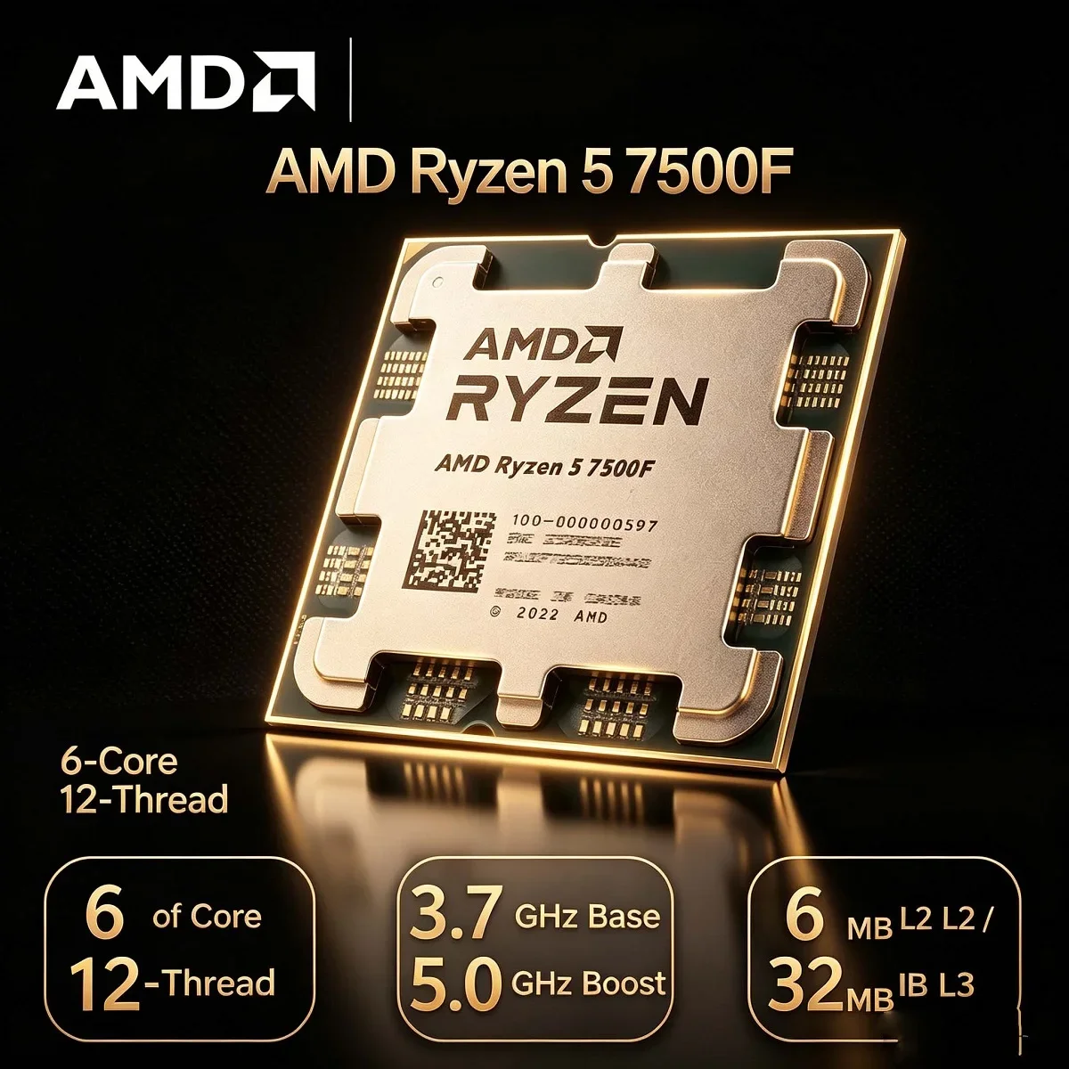 Processeur AMD Ryzen 5 7500F R5 haute performance 6C 12T 3.7GHz 5NM 32MB L3 100-000001015 AM5 – OEM Tray Neuf Sans Ventilateur