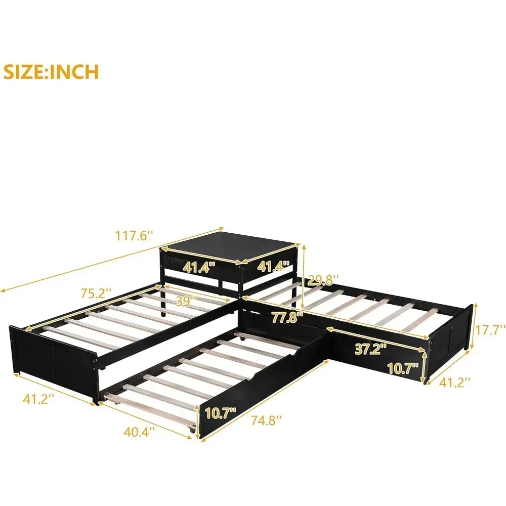 Cadre de lit d'angle double en forme de L avec portes de rangement, connecté au bureau intégré, cadre de lit à plateforme double en bois avec roulettes