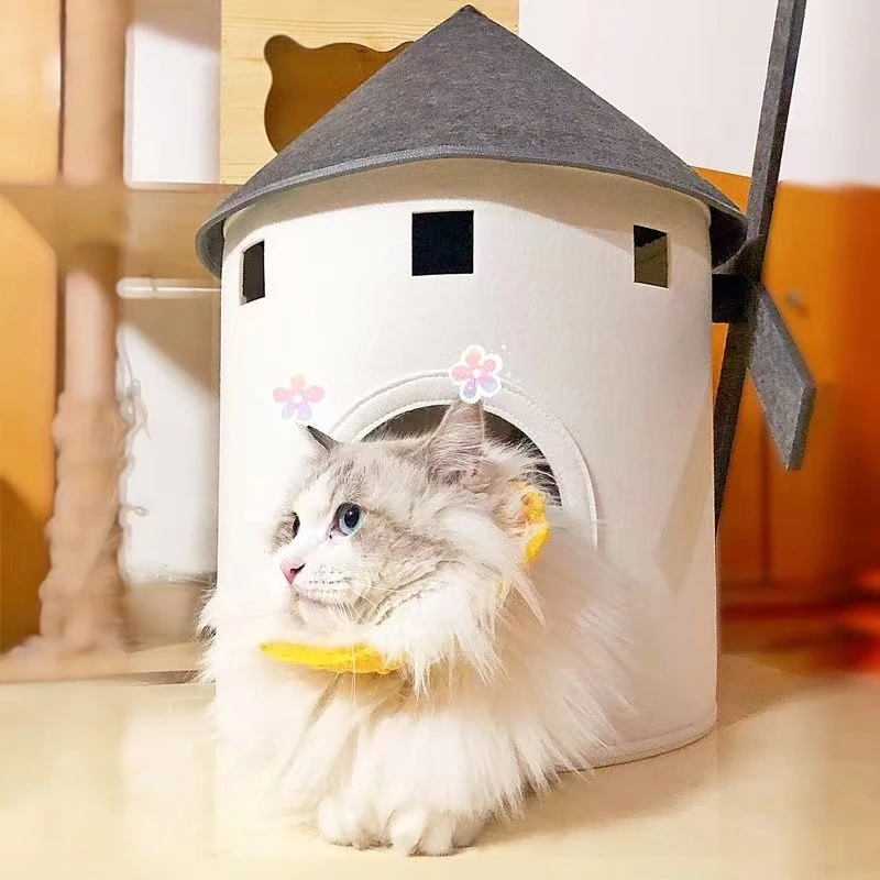 

Windmill Cat House Pet Bed Tower Shape Dog Beds Fully Enclosed House Cats Accessories Warm Winter Super Soft Deep Sleep