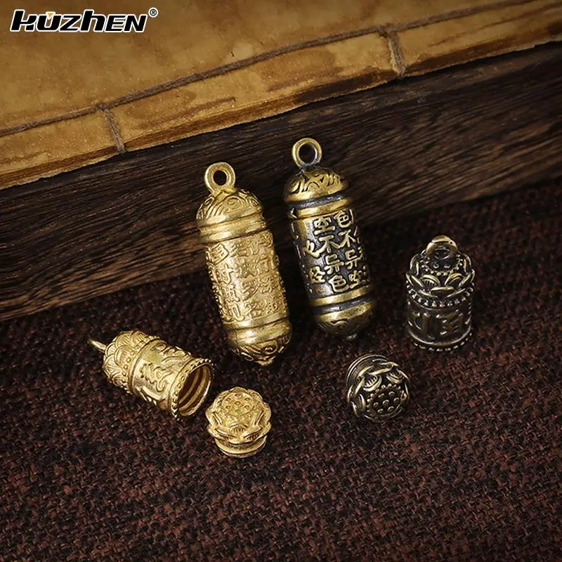 Hollow Brass Buddha Bottle Sutra Cylinder Pendant Keychain Necklace Jewelry Handmade Vintage Pill Box Container Bottle Keychains