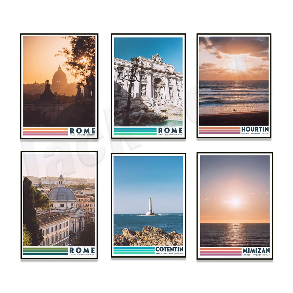 Rome at sunset, Italy, Goury lighthouse, Landes, France. Tourist poster for surfers at Hourtin Plage at sunset, Gironde, France