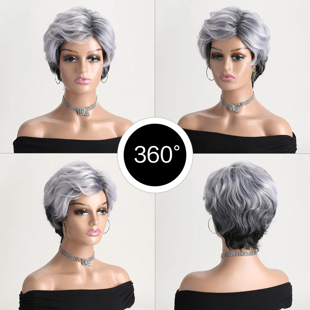 Synthetic Short Wigs Pixie Cut Mixed Silver White Ladies Wigs For Black Women African American Women Daily Wear Fake Hair