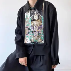 Niche Long Sleeved Men's and Women's Shirts with a Cool and Retro Style Featuring a Button Closure and Patchwork Printed Shorts