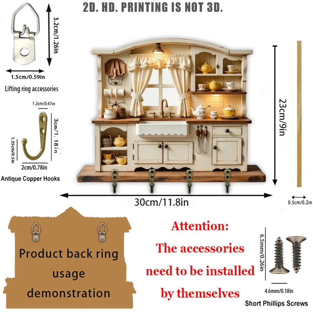2D Flat, 1pc,  Wooden Kitchen Key Hook, Wooden Multifunctional Home Key Hook, with Four Metal Hooks, Wall Decor, Porch Decor,
