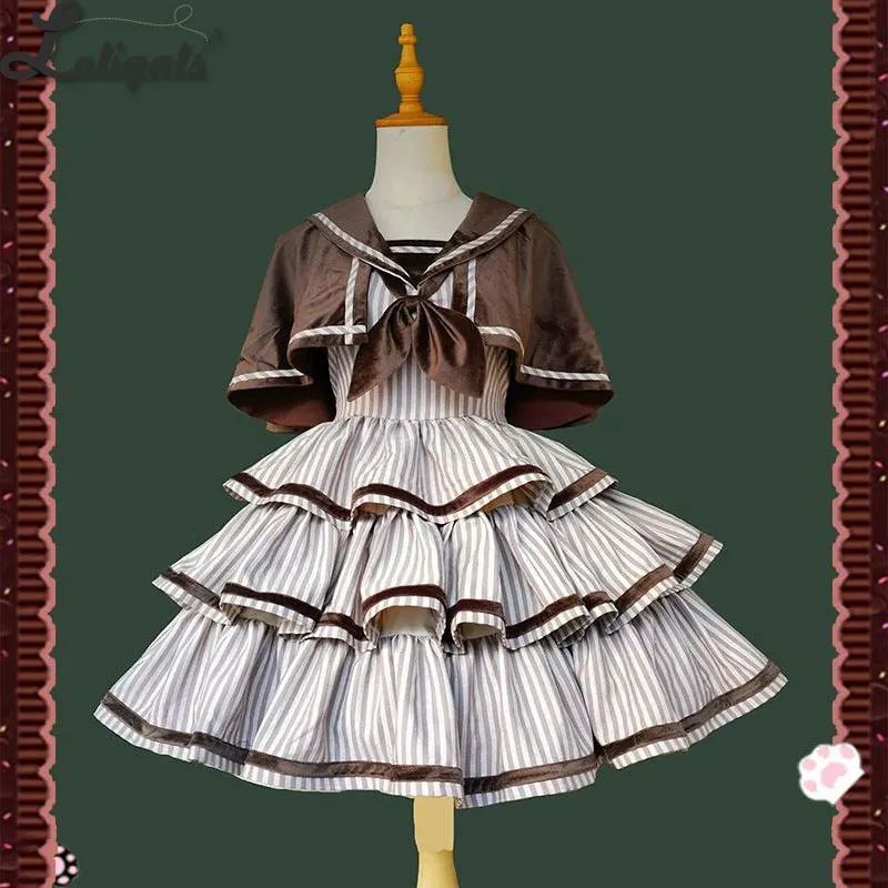 Klasyczna sukienka Lolita JSK w paski, krótkie, warstwowe sukienki imprezowe/Peleryna ~ Daleko przez Infanta