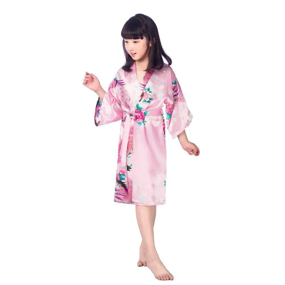 Kids Satin Floral Kimono Robe Flower Girl Peacock Bath Robes for Wedding Spa Party Gifts Bridal Lingerie Sleepwear Bathrobe T733