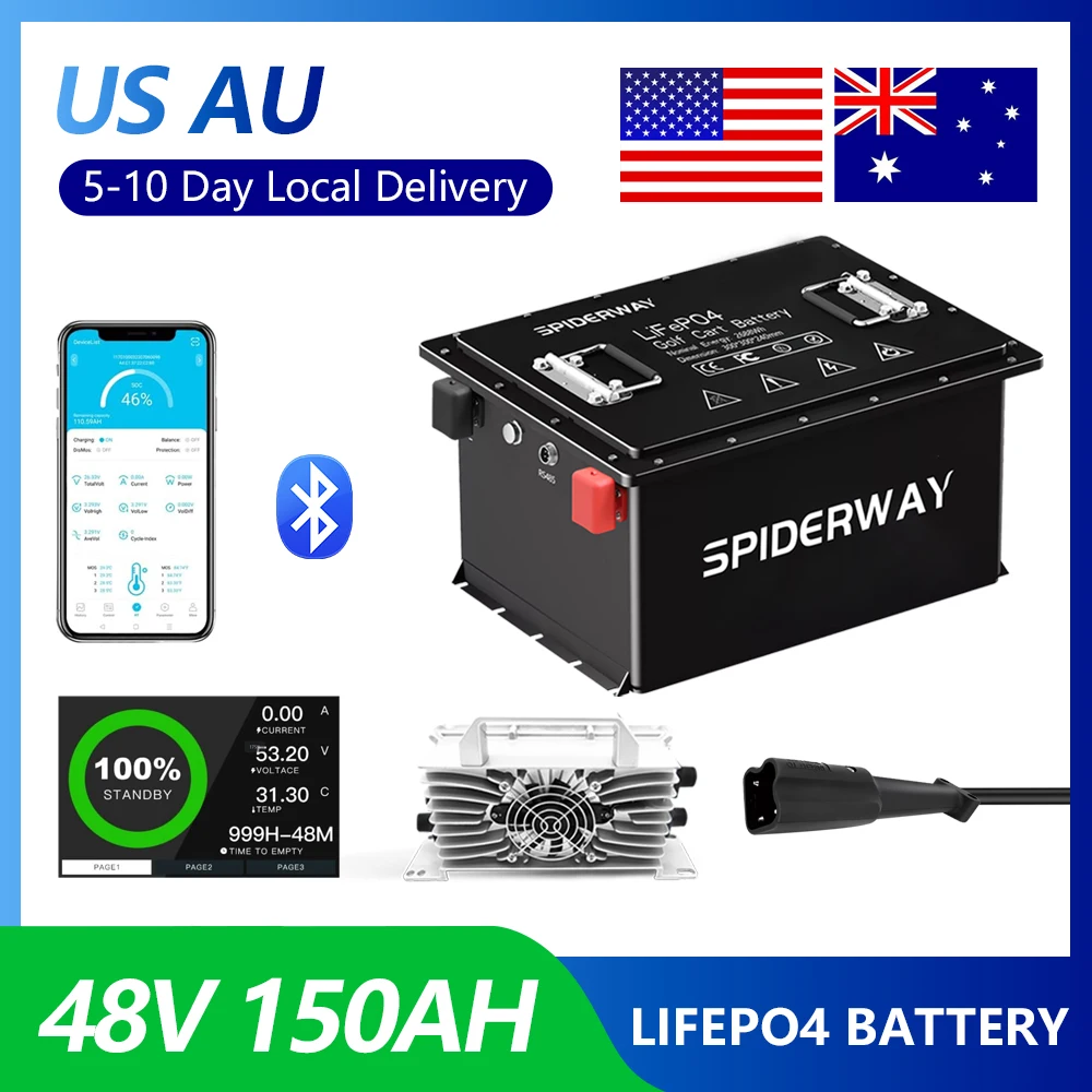 

48V 150Ah LiFePO4 Lithium Golf Cart Battery With 25A Charger 200A BMS 6000+ Cycle Max. 10.24kW for Yamaha G29 YDRE Drive