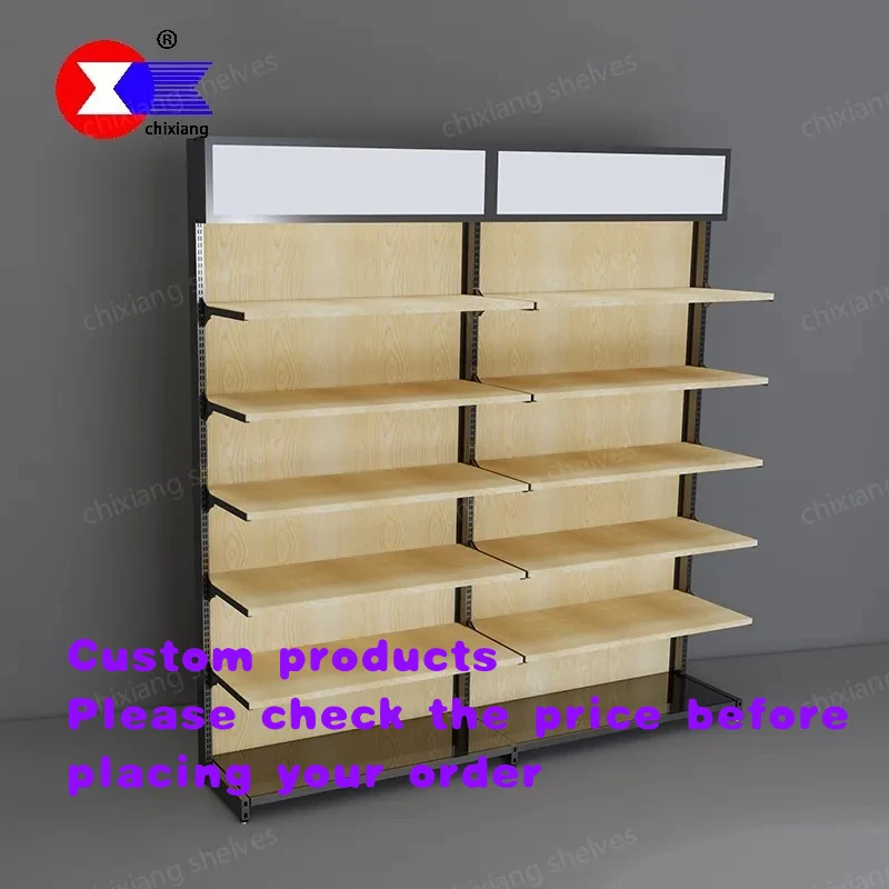 

custom.New High Quality Wood Grain Adjustable Height Convenience Racks Top with Light Box Gondola Supermarket Display Shel