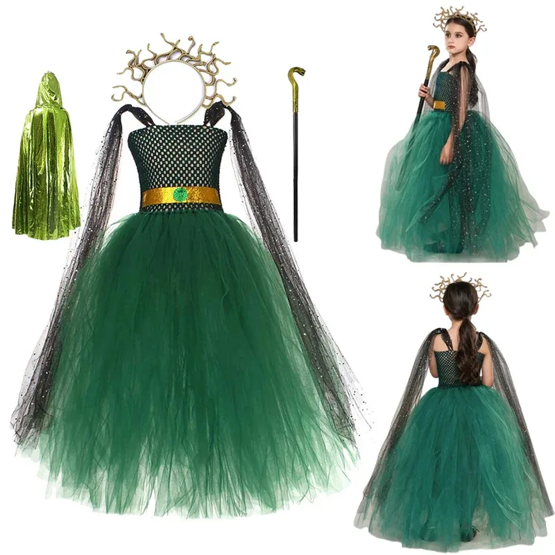 

Green Goddess Medusa Tutu Cosplay Dress With Headpiece Kids Halloween Medusa Dresses Roman Kids Fancy Gown Tutu Dress Costume