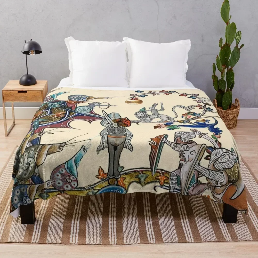 

WEIRD MEDIEVAL BESTIARY WAR, KNIGHTS AND KILLER RABBITS FIGHTING WITH GIANT SNAILS Throw Blanket Beautifuls Designers Blankets