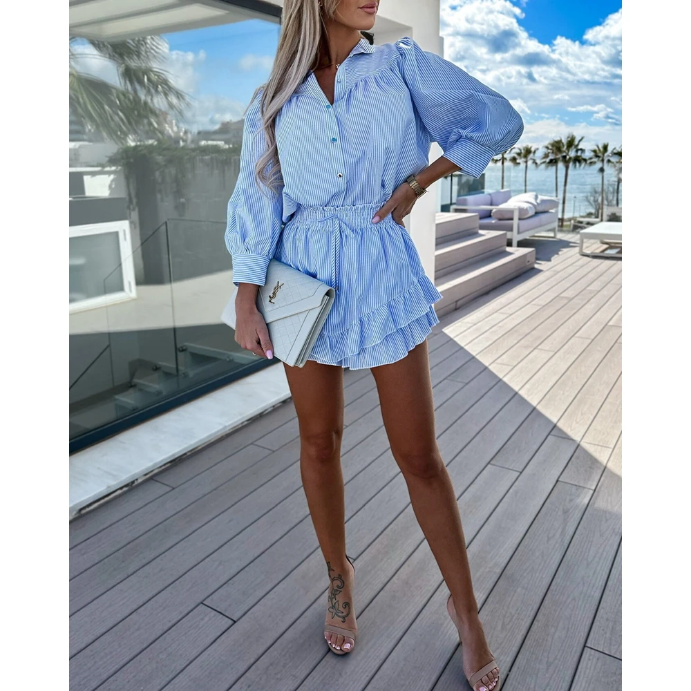 Women Lantern Sleeve Buttoned Shirt & Ruffle Hem Skirts Sets Female Long Sleeve 2 Piece Casual Summer 2024 Outfits Clothing