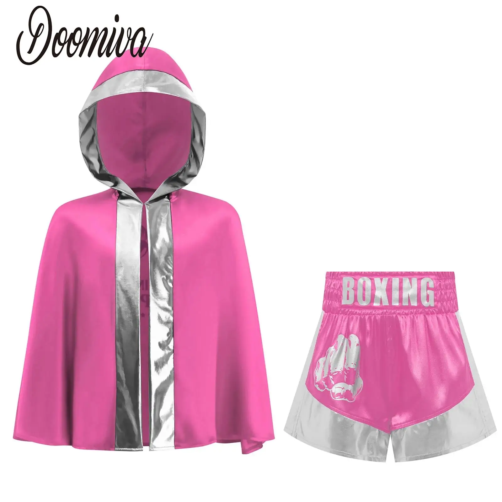 

Kids Muay Thai Outfit Boys Girls Boxing Training Martial Arts Fight Suit Open Front Hooded Cloak+Satin Shorts Boxer Show Uniform