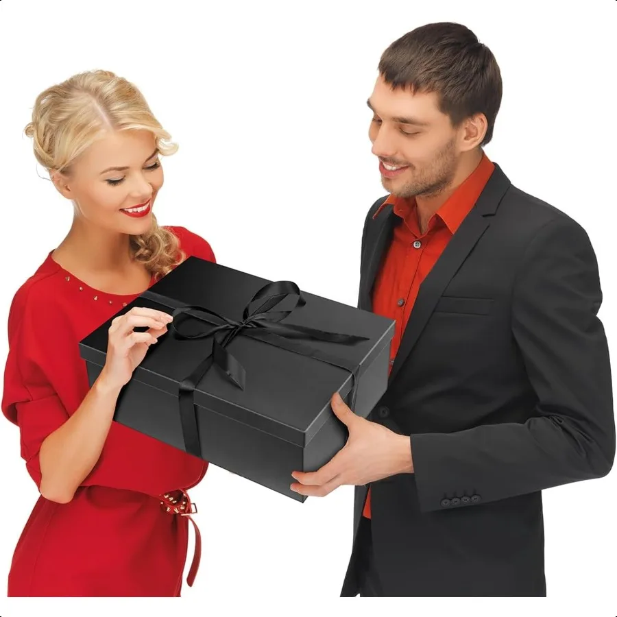 Confezione regalo nera con coperchio per regalo Confezione regalo pieghevole extra large con nastro di carta di riempimento per anniversario di compleanno 16,5x12