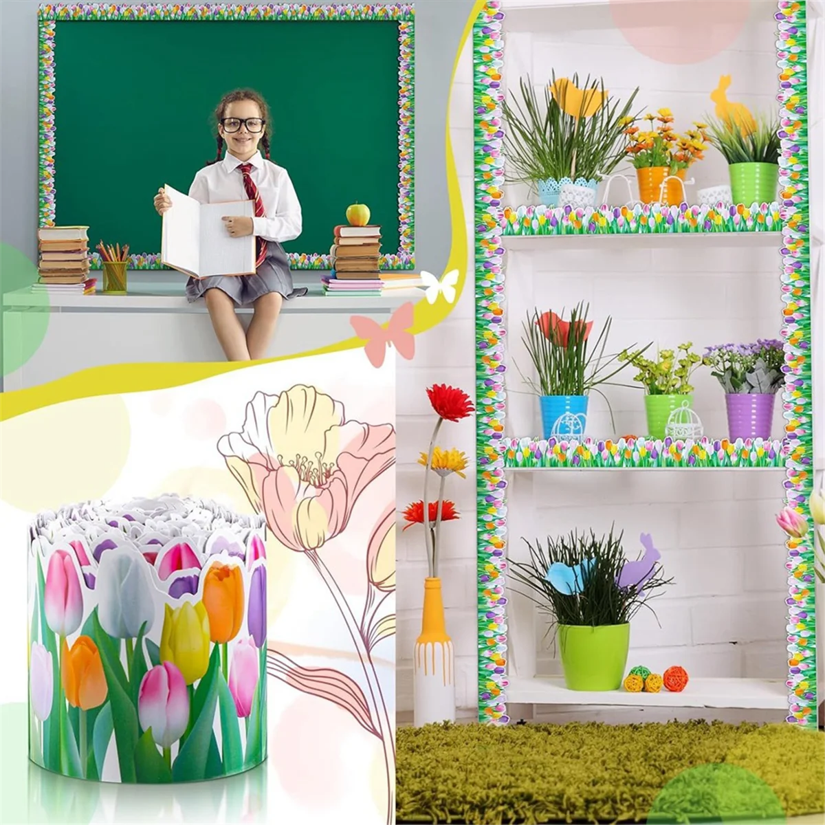 1 rollo de borde de adorno de flor de tulipán, borde de boletín Floral de 65,6 pies para decoración de pizarra de aula escolar