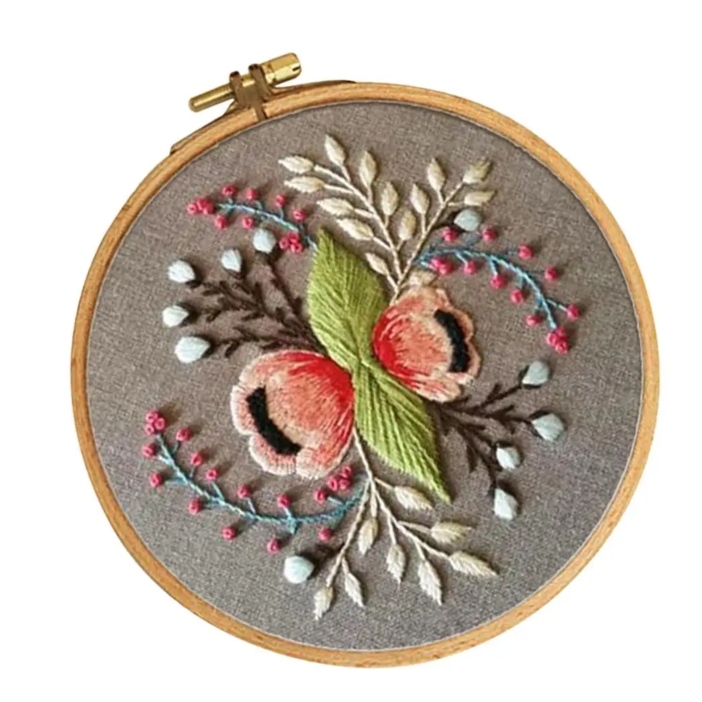 Stamped Embroidery Kit with Flower Pattern, Pre-Printed Cloth & Hoop 15cm DIY Needlework Crafts