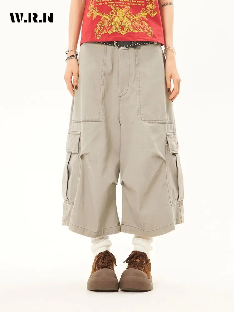 

American Retro High Street Casual Solid Color Calf-Length Pants Women Y2k Hip-hop Loose Wide Leg Cargo Grunge Sarafi Shorts