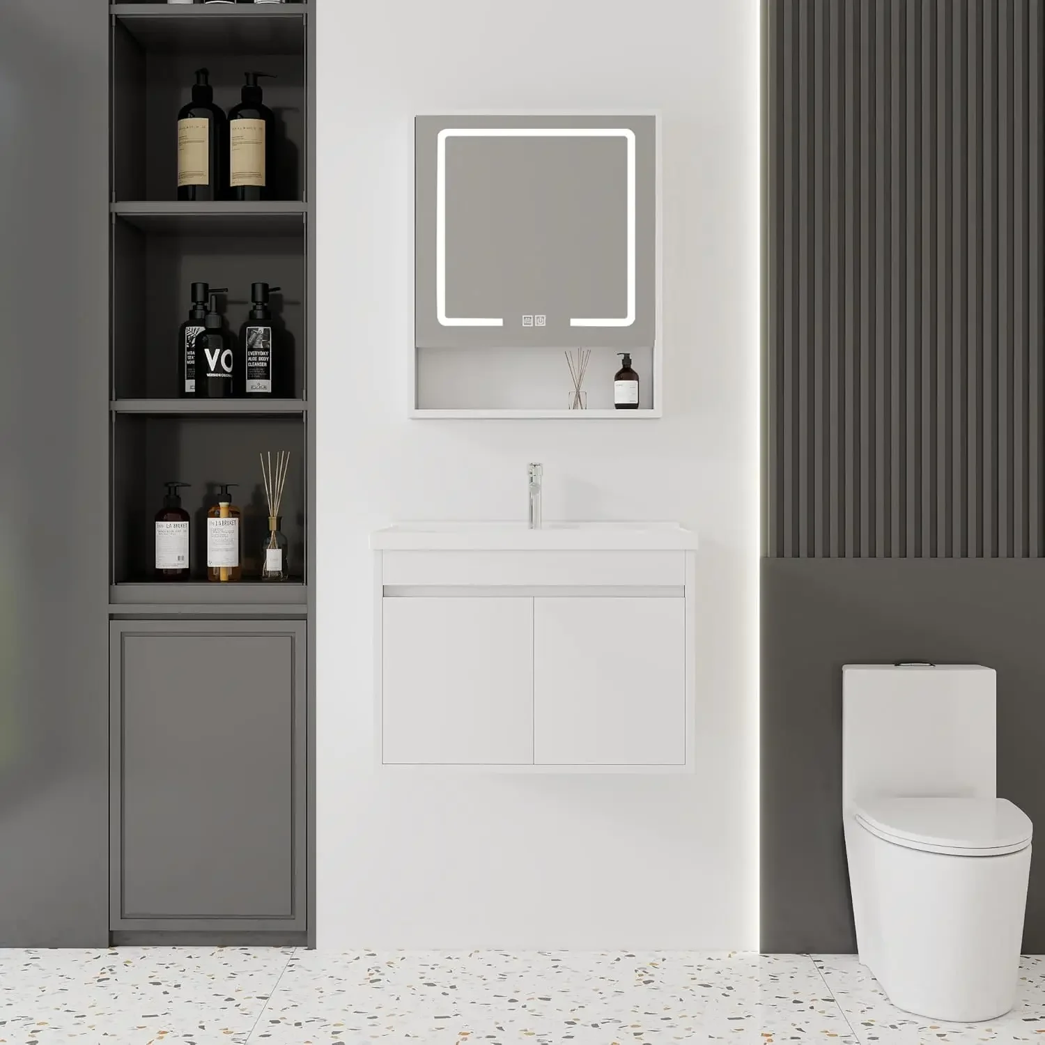 

28'' Bathroom Vanity with Ceramic Sink Combo and Medicine Cabinet Mirror with Led Light/Defog, Wall Mounted Small Bathroom Vanit
