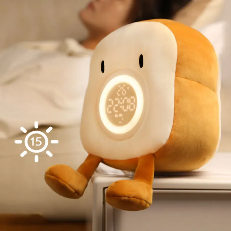 

Cartoon Plush Toast Digital Led Clock Lamp Ipad Stand Desktop Electronic Clock with Vibration Function for Bedroom Decoration