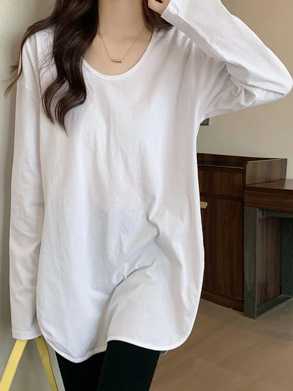 Camiseta Feminina Longa de Inverno Nova Coreana Solta Grande Branca para Camadas Versátil Confortável de Malha