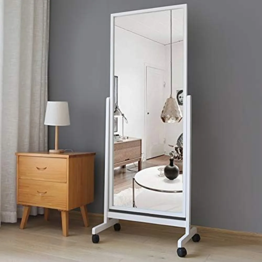 Wheels, Large Standing Mirror Tilting Mirror Swivel Mirror with Wood Frame & Stands