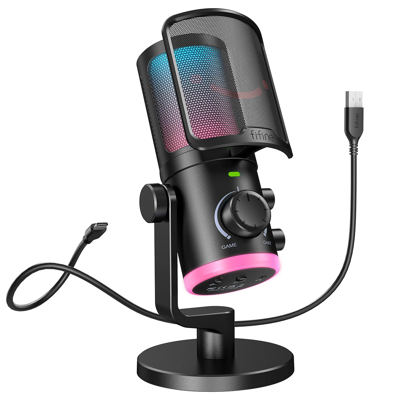 FIFINE USB Gaming Microphone with Noise Cancellation/RGB/Gain&Balance Knob,Condenser Mic for Streaming Podcasting-Ampligame AM6