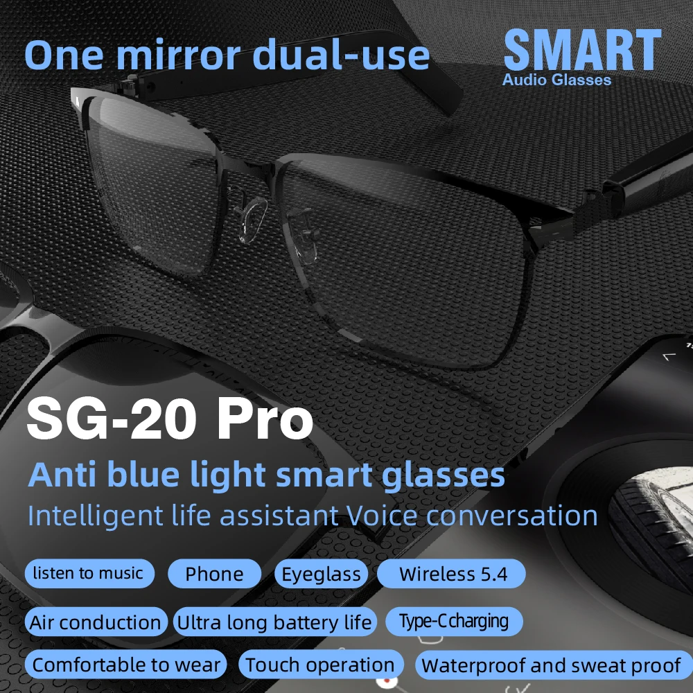New SG-20 Pro Smart Glasses Wireless Call Music Playback Full Frame Sunglasses With Blue Light UV Protection Waterproof Glasses