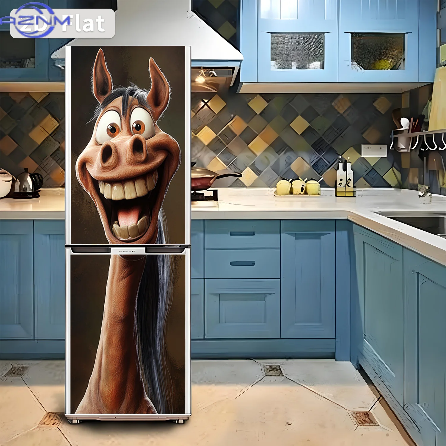 2D Flat Printing 1pc Refrigerator Sticker 60×180cm Happy Horse Smiling Face Joyful Theme Design Wall Decal Self-Adhesive Wallp