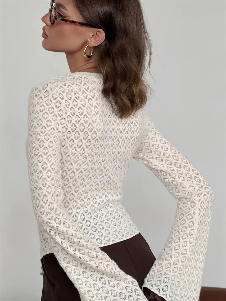 2026 Spring New French Style Cardigan Sweater Shirt Women Spring Sexy Hollow Out Long Sleeve Blouse Female Design Streetwear Top