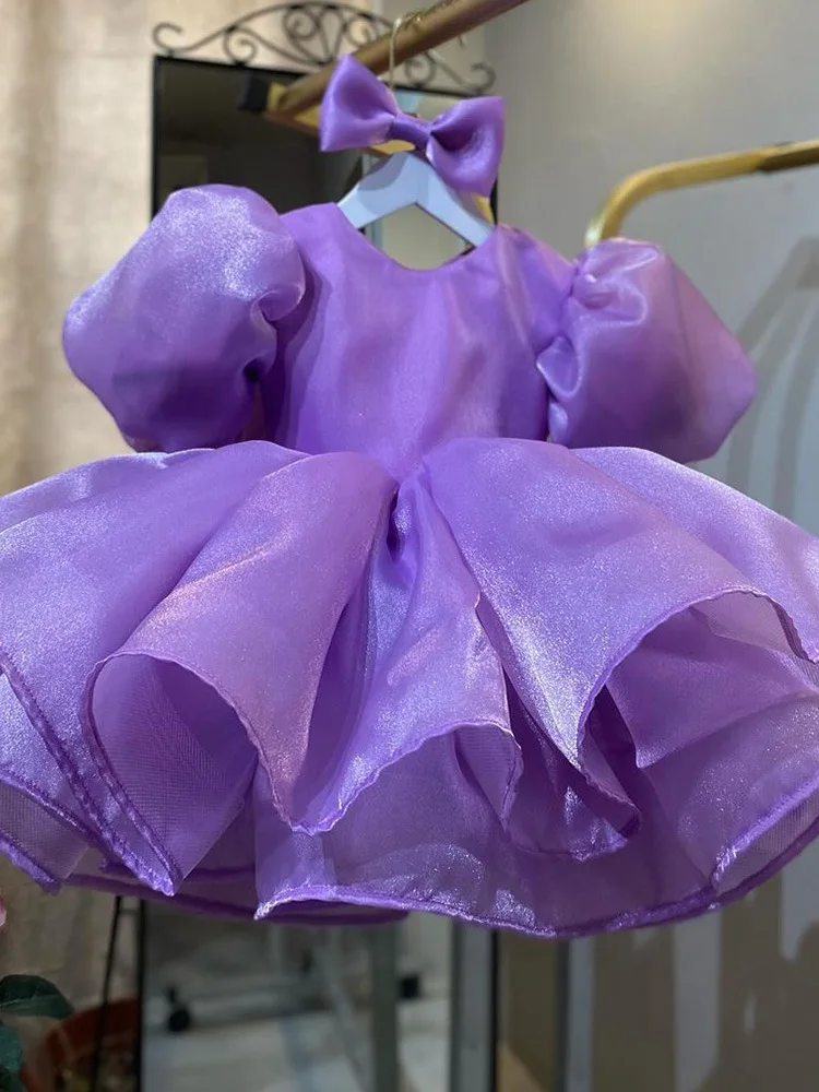 Puff Sleeve Purple Girl Princess Dress with Bow Knot for First Birthday Children's DressPrincess dress