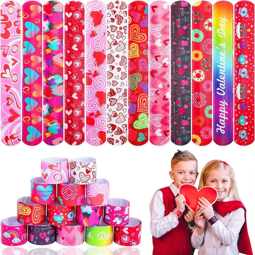 

Valentine's Day 24PCS Slap Bracelets with Valentine Romantic Pink Color Hearts Patterns Snap Bracelets Wristbands Party Favors