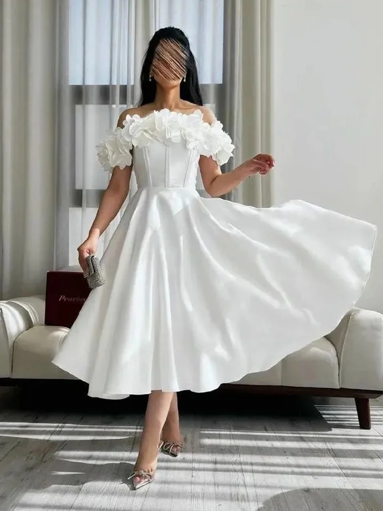 Jirocum-Vestido de baile marfim para senhoras, flor 3D, vestido de noite elegante, uma linha, comprimento chá, simples vestidos para ocasiões formais, novo, 2024