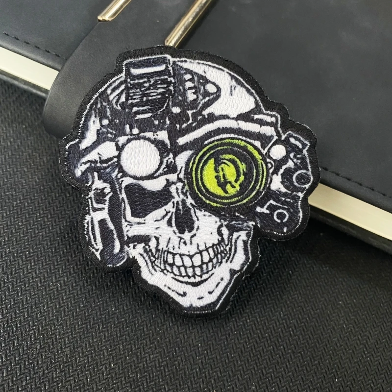 Skull Helmet Night Vision Device Morale Badge Embroidery Hook and Loop Patches Smiling Skull Outdoor Sports Tactical Armband