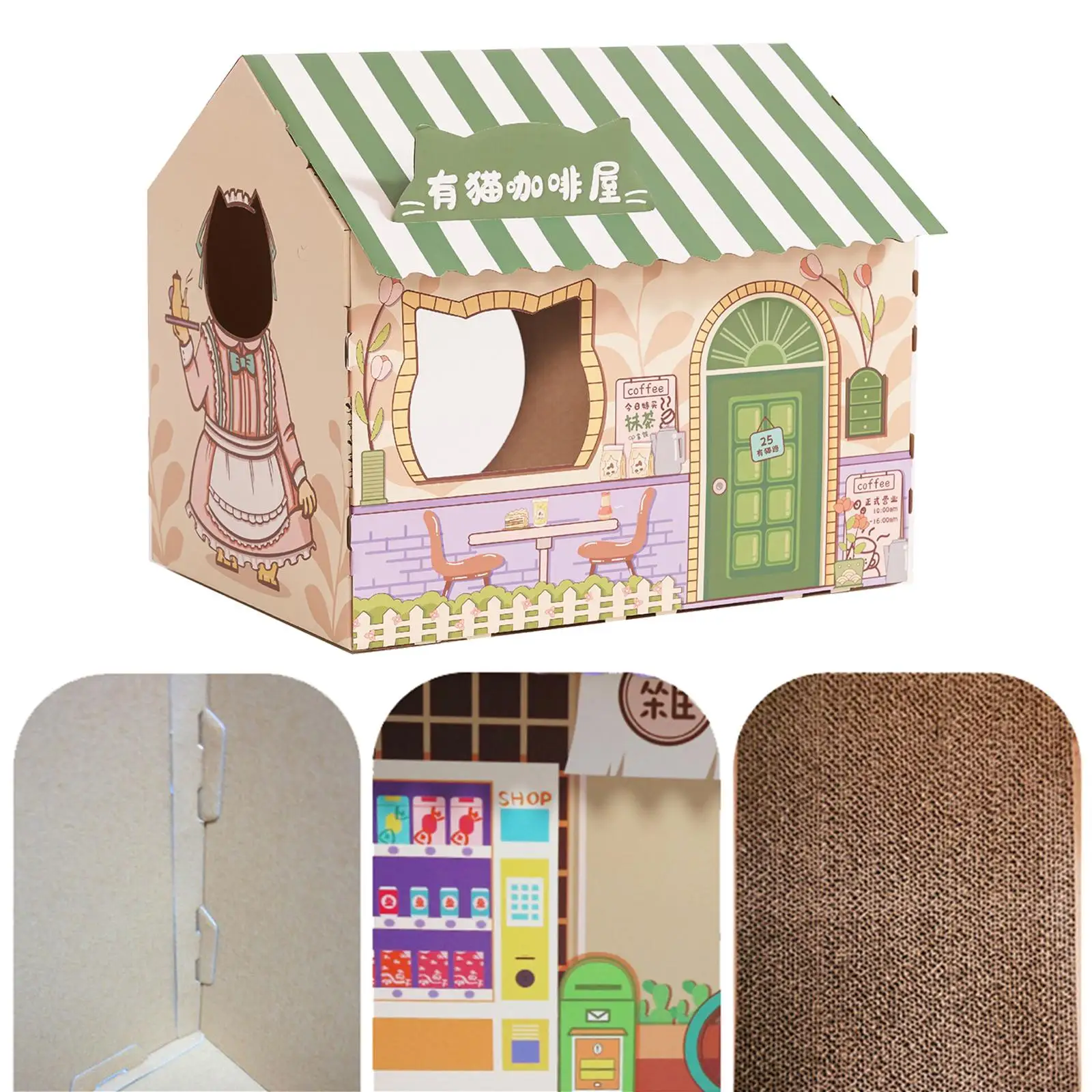 Corrugated Cardboard Cat House with Scratching Pad Windows for Kittens