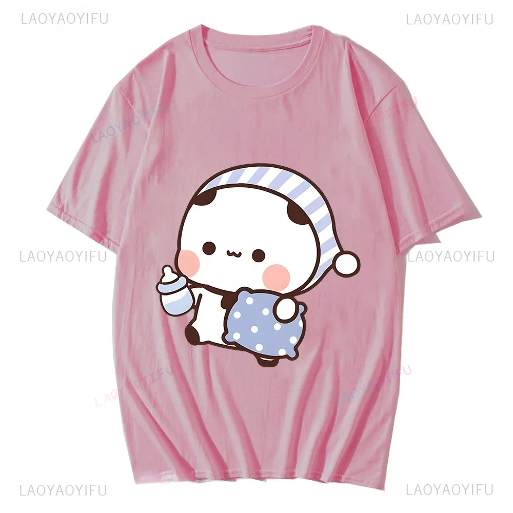 Couple Shirts Kawaii Cute BuBu Panda Going To Sleep with DuDu Bear Graphic Tshirt Funny Cotton Men Women Clothes Short-sleev Tee