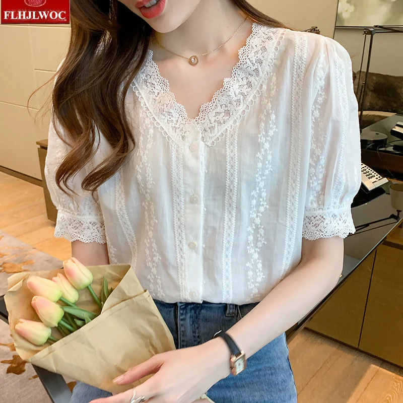 Hollow Out Lace Basic Shirt Blouse Women Fashion Short Sleeve Elegant Office Lady Work Semi-Transparent Ruffled Chic Tops Blusas