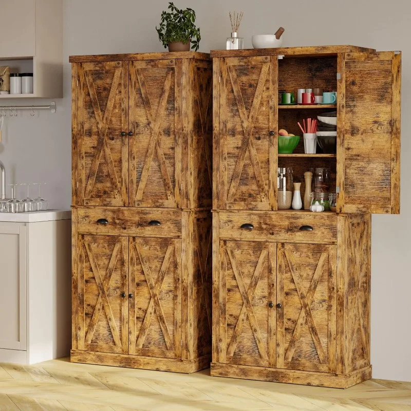 Kitchen Pantry Storage Cabinet 72" Height, with Barn Doors, Drawer, 4 Adjustable Shelves, Freestanding Cupboard image 4