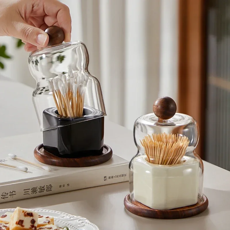 Solid Wood Ceramic Toothpick Box Home Creative Dental Floss Cotton Swab Storage Jar Glass Ceramic Toothpick Jar with Lid