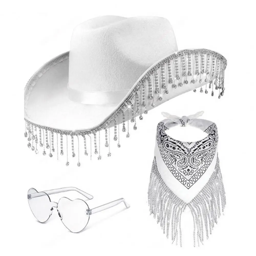 

3pcs/Set Bandana Stage Performance Hat Rhinestone Tassel Wide Brim Western Cowboy Hat Solid Color Heart Sunglasses