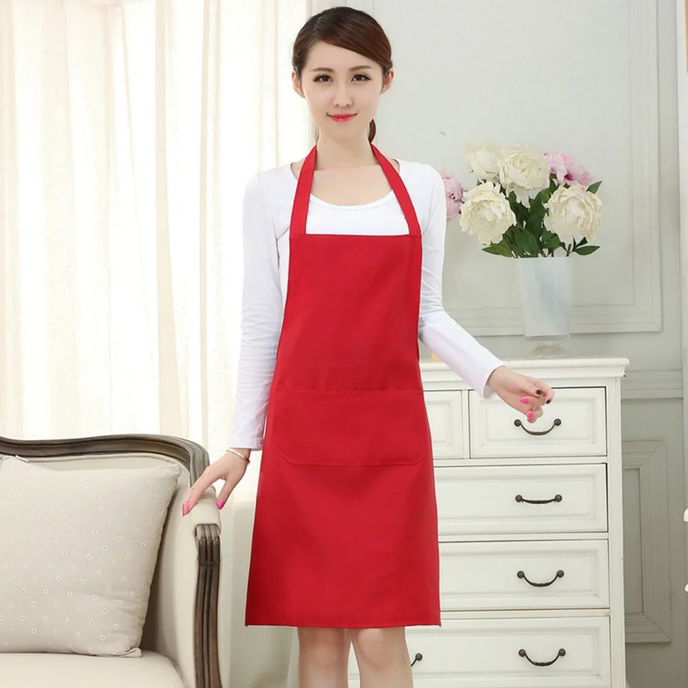 Pure Color Neck Strap Bib Apron Waterproof Restaurant and Home Kitchen Apron 60x70cm (Red) bib chef apron