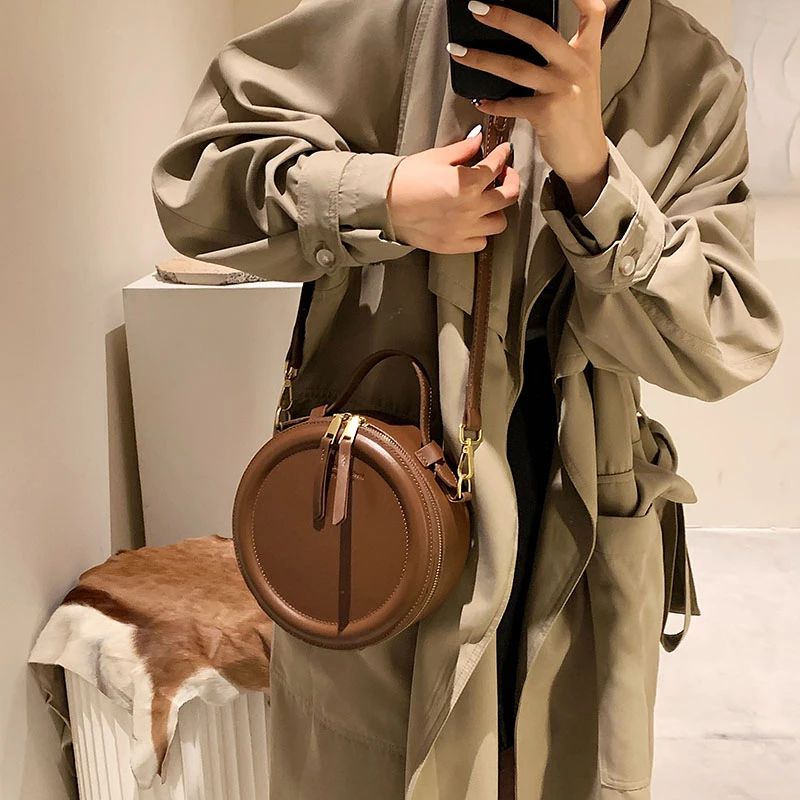 Solid color Crossbody Bag For Women Round Small Handbag Women Fashion Designer Bags Leather Shoulder Bag Female Zipper Purses