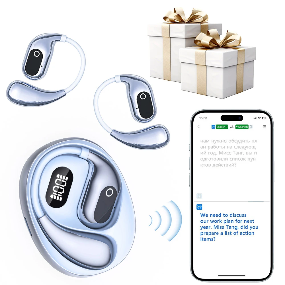 سماعات أذن مترجم AI 138 لغة متوافقة مع بلوتوث 5.3 سماعات أذن ثنائية الاتجاه في الوقت الحقيقي مفتوحة الهواء مترجم صوت ذكي