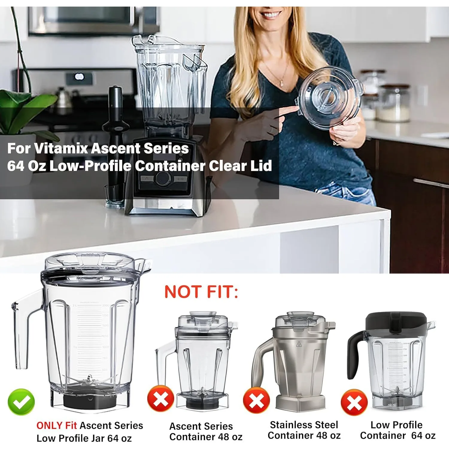 64OZ Low Profile Container Clear Lid for Vitamix Ascent Series Lids A3500 A3300 A2500 V1200 Venturist Pro Pitchers view 6